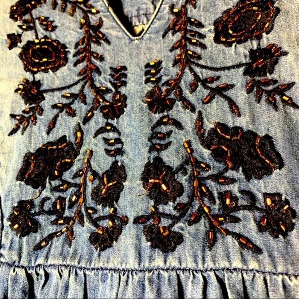 🌺Denim Embroidered Beaded Tantrums Midi Dress Sz L - Picture 5 of 15